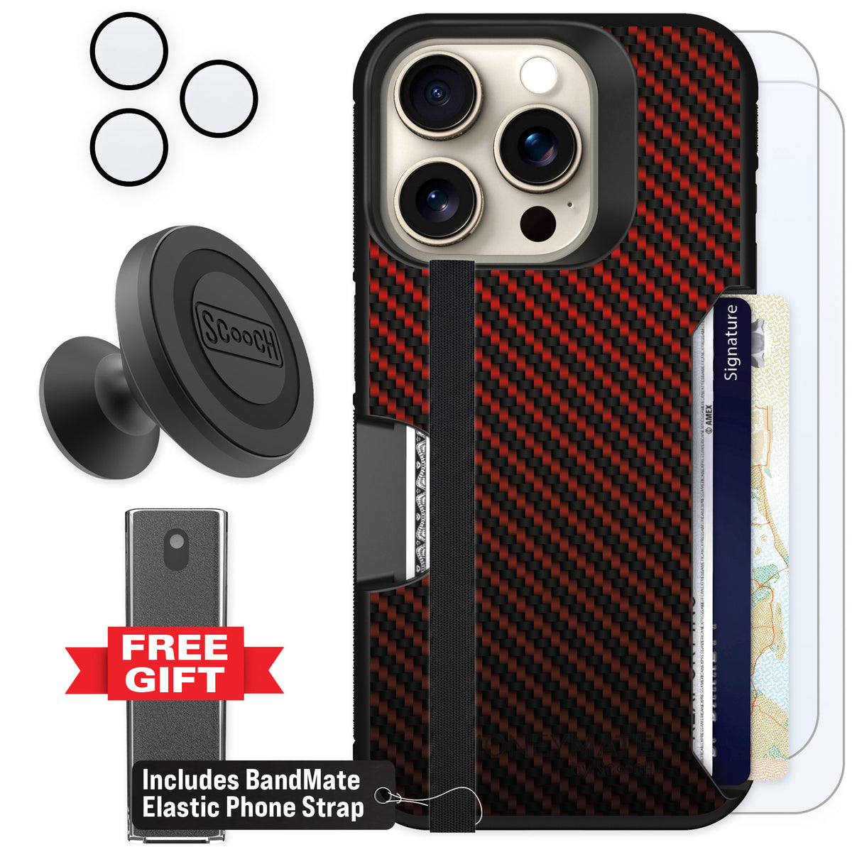 Scooch Moneymate Red Carbon Fiber for iPhone 15 Pro β Defender Bundle