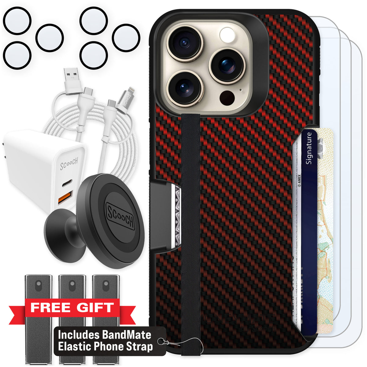 Scooch Moneymate Red Carbon Fiber for iPhone 15 Pro β Ultimate Bundle