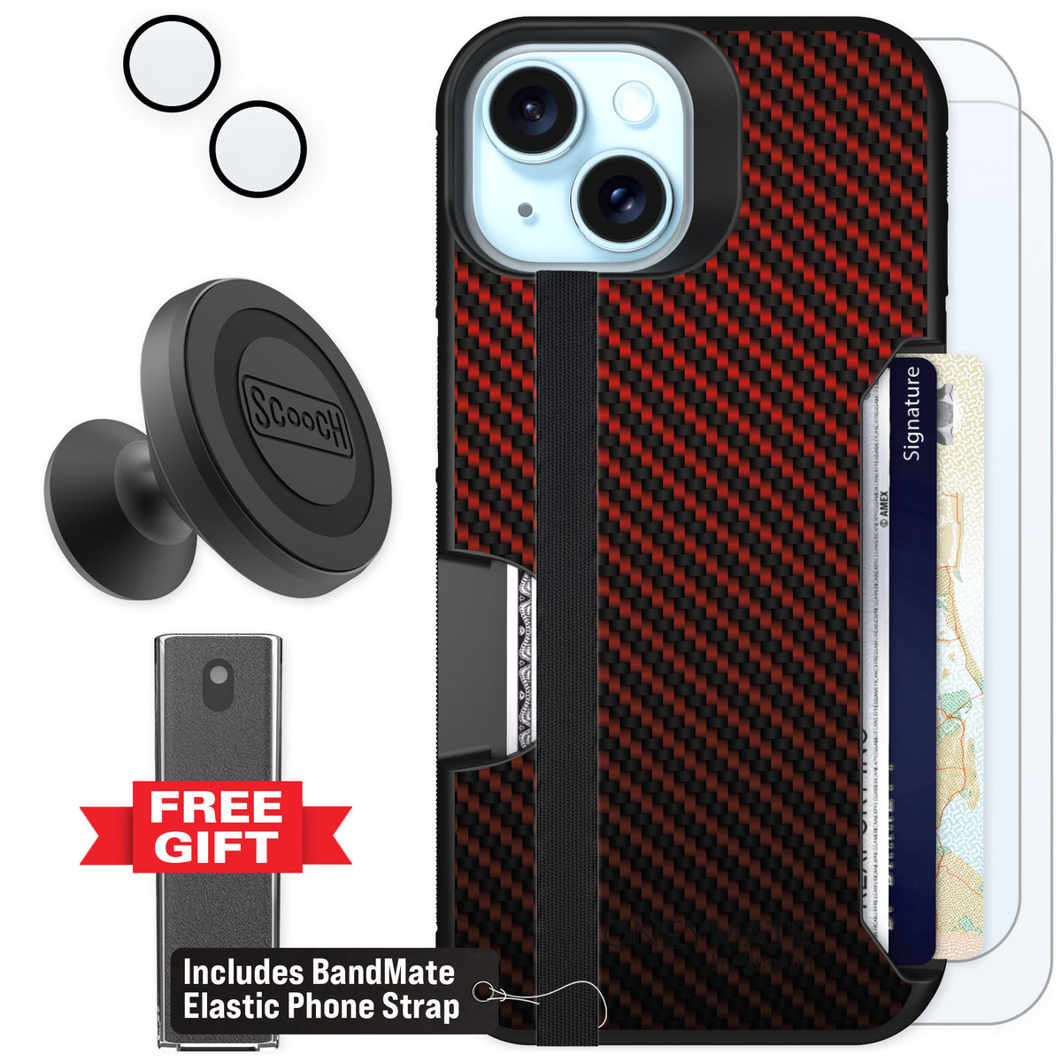 Scooch Moneymate Red Carbon Fiber for iPhone 15 β Defender Bundle