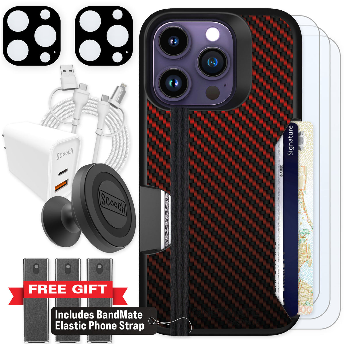 Scooch Moneymate Red Carbon Fiber for iPhone 14 Pro β Ultimate Bundle