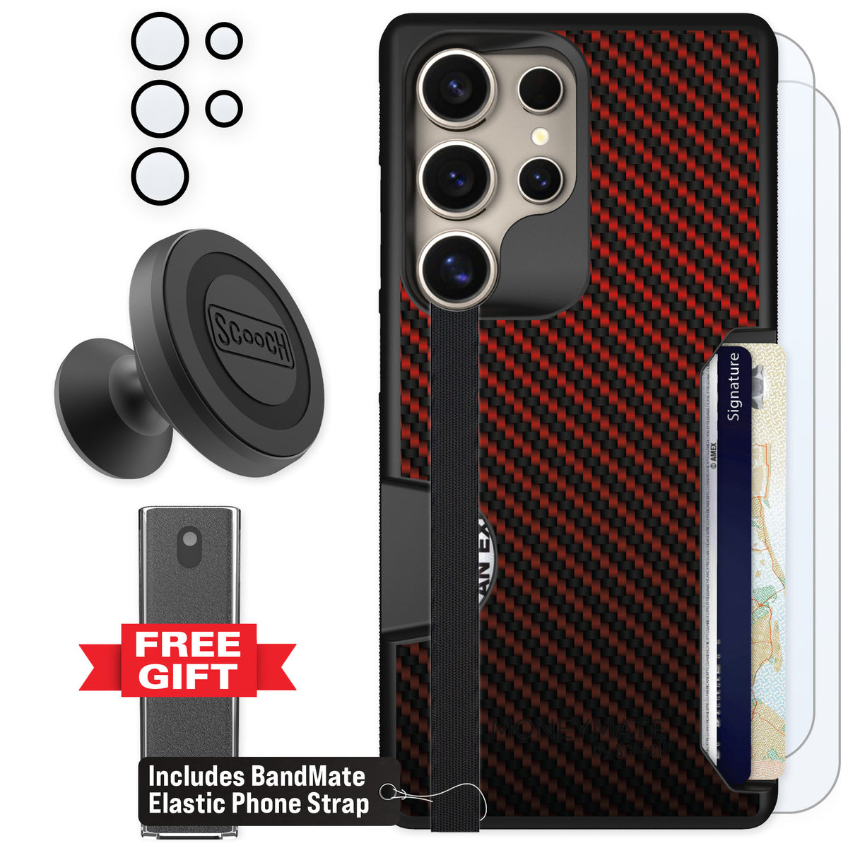Scooch Moneymate Red Carbon Fiber for Galaxy S25 Ultra β Defender Bundle