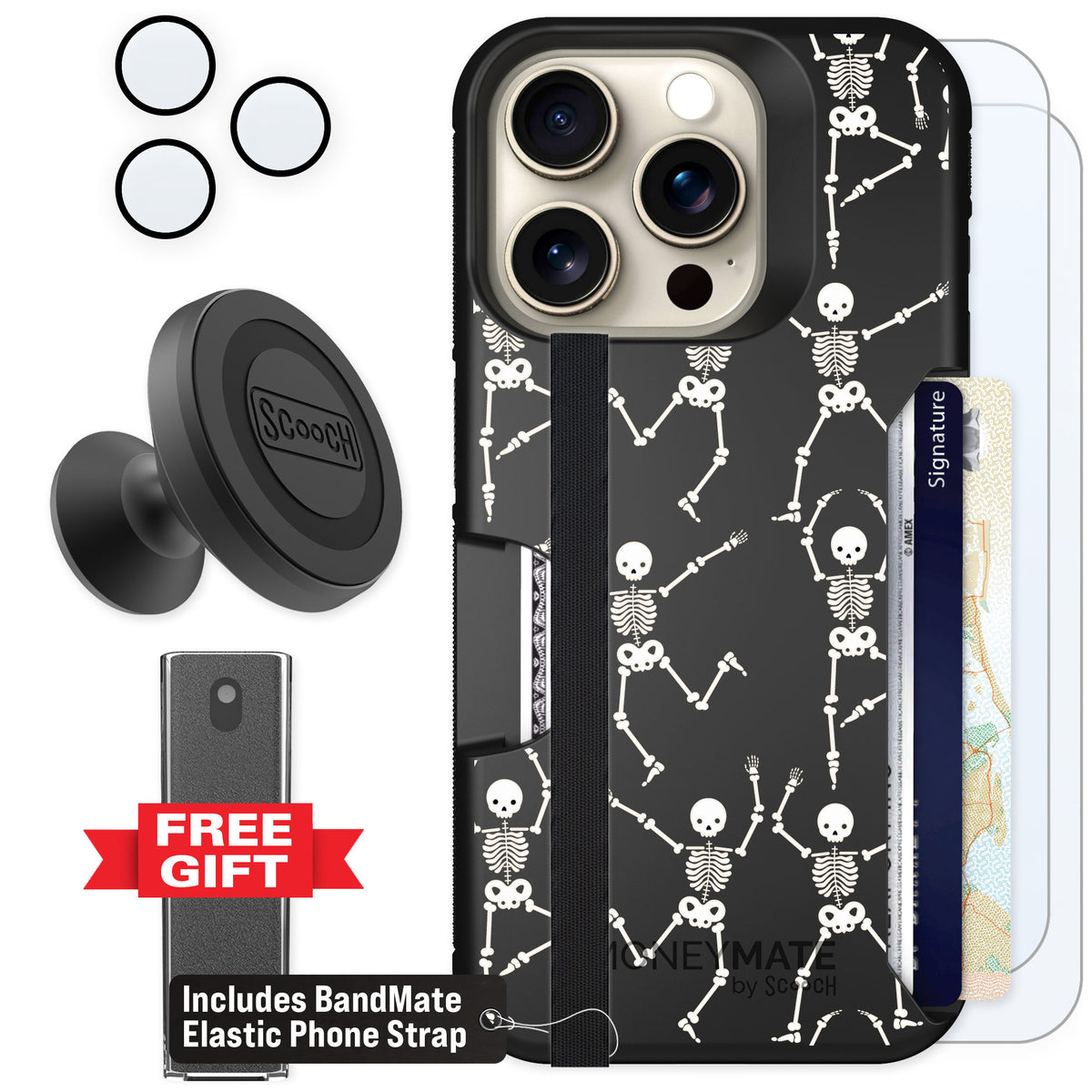 Scooch Moneymate Swinging Skeletons for iPhone 15 Pro β Defender Bundle