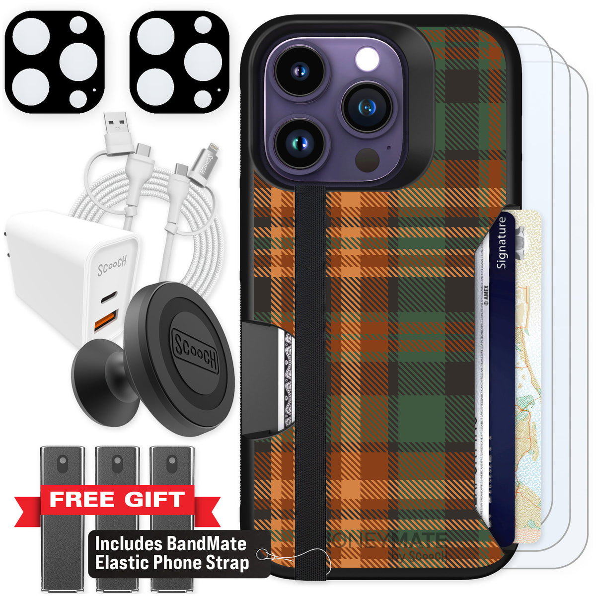 Scooch Moneymate Fall Flannel for iPhone 14 Pro β Ultimate Bundle