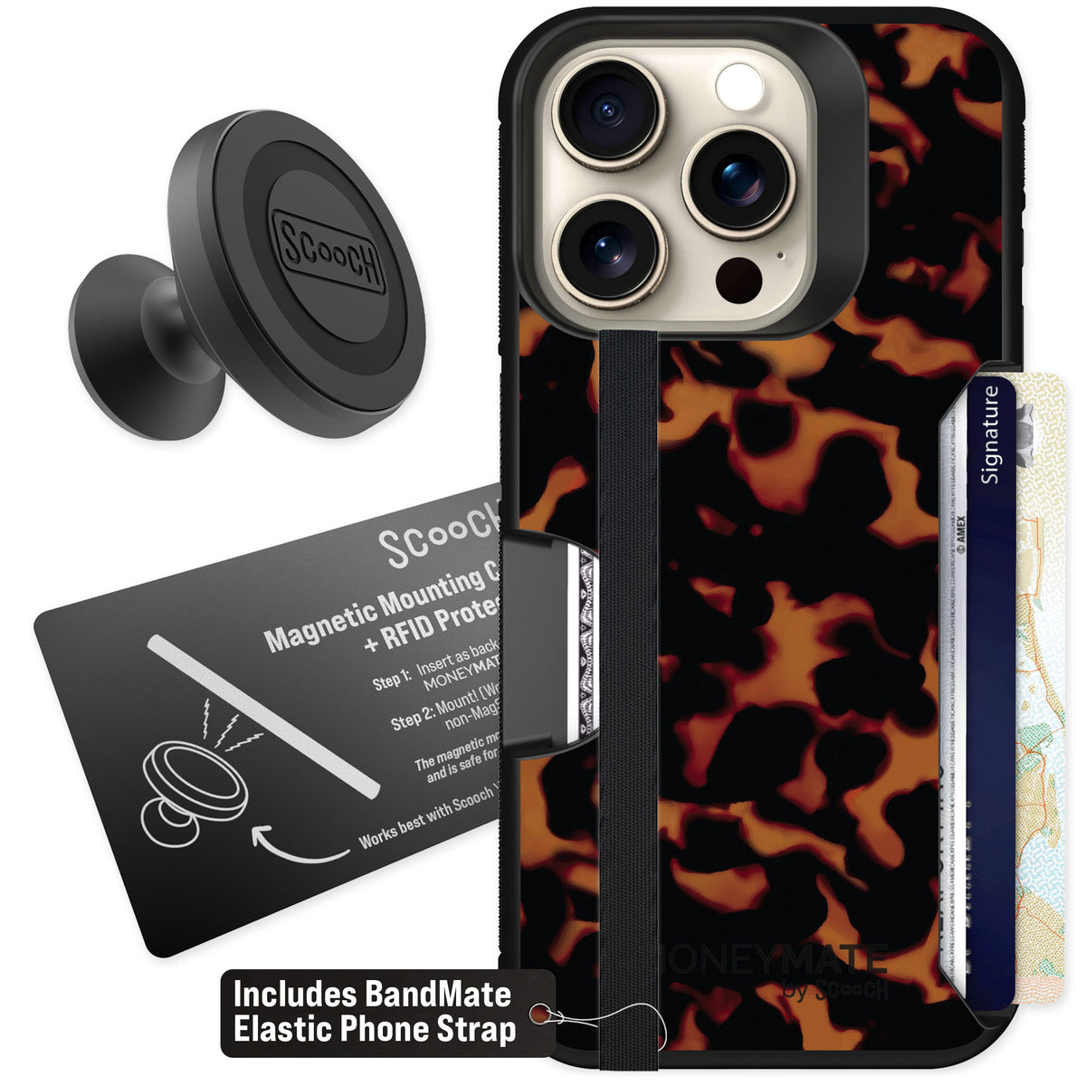 Scooch Moneymate Tortoise Shell for iPhone 15 Pro β Starter Bundle