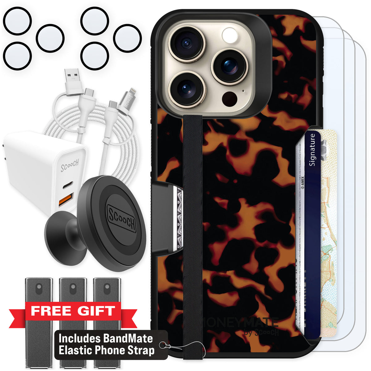 Scooch Moneymate Tortoise Shell for iPhone 15 Pro β Ultimate Bundle