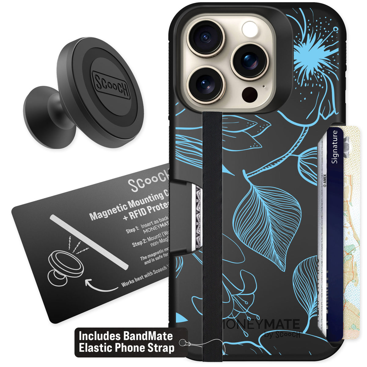 Scooch Moneymate Blue Hibiscus for iPhone 15 Pro — Starter Bundle