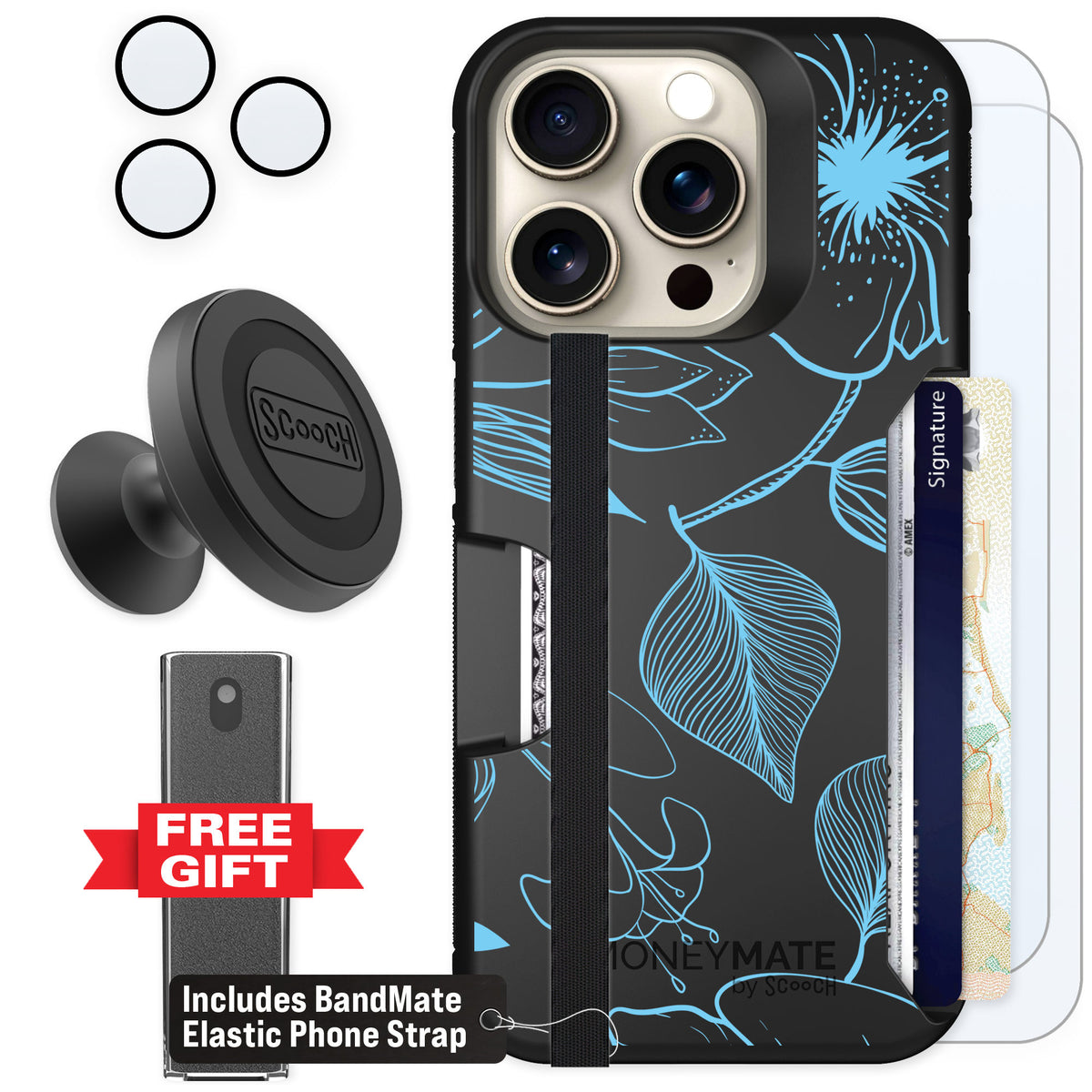 Scooch Moneymate Blue Hibiscus for iPhone 15 Pro — Defender Bundle