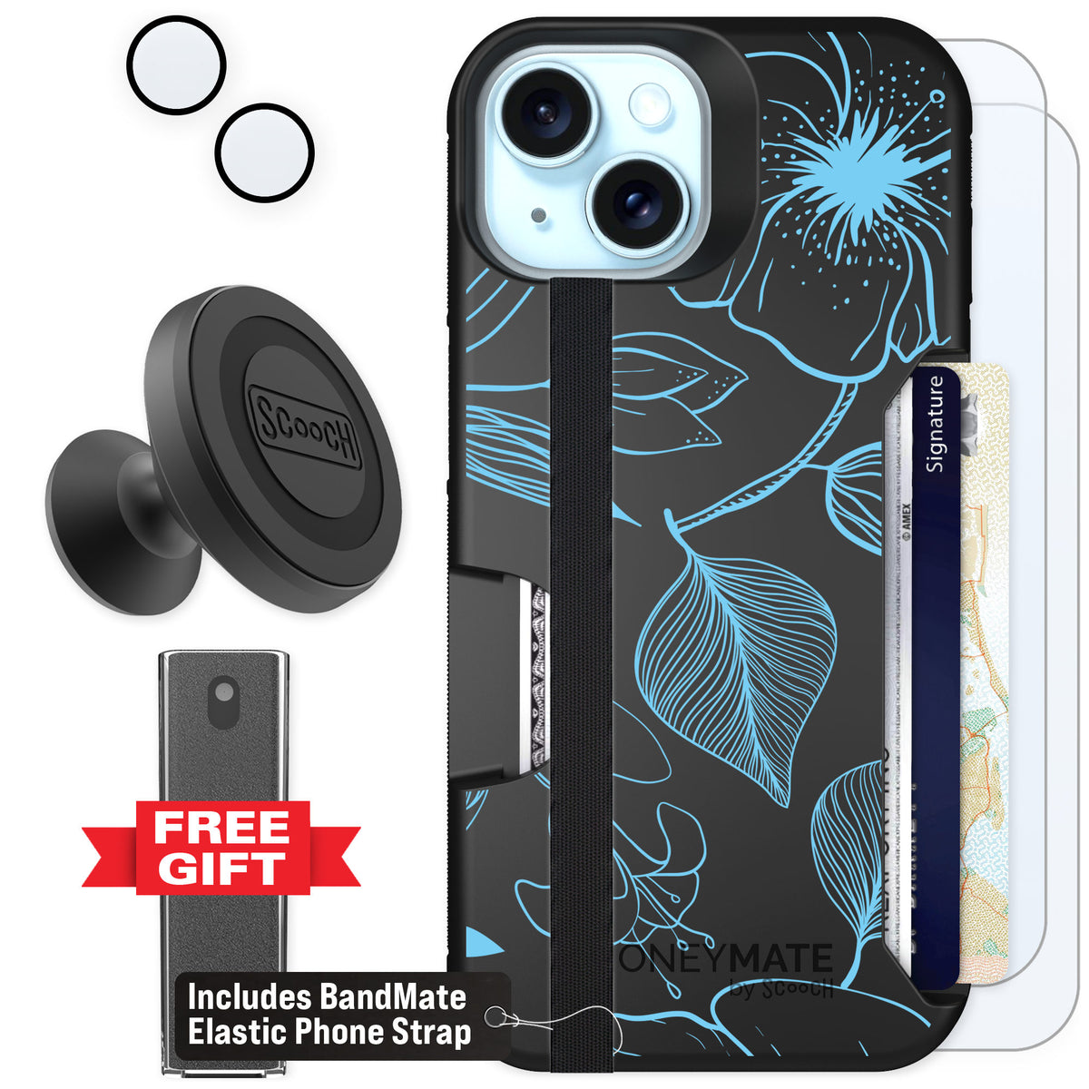 Scooch Moneymate Blue Hibiscus for iPhone 15 — Defender Bundle