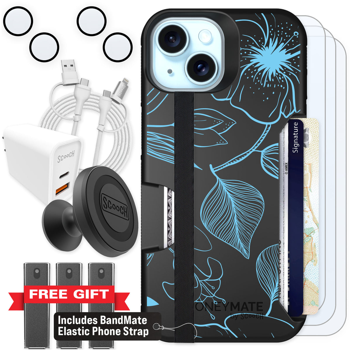 Scooch Moneymate Blue Hibiscus for iPhone 15 — Ultimate Bundle