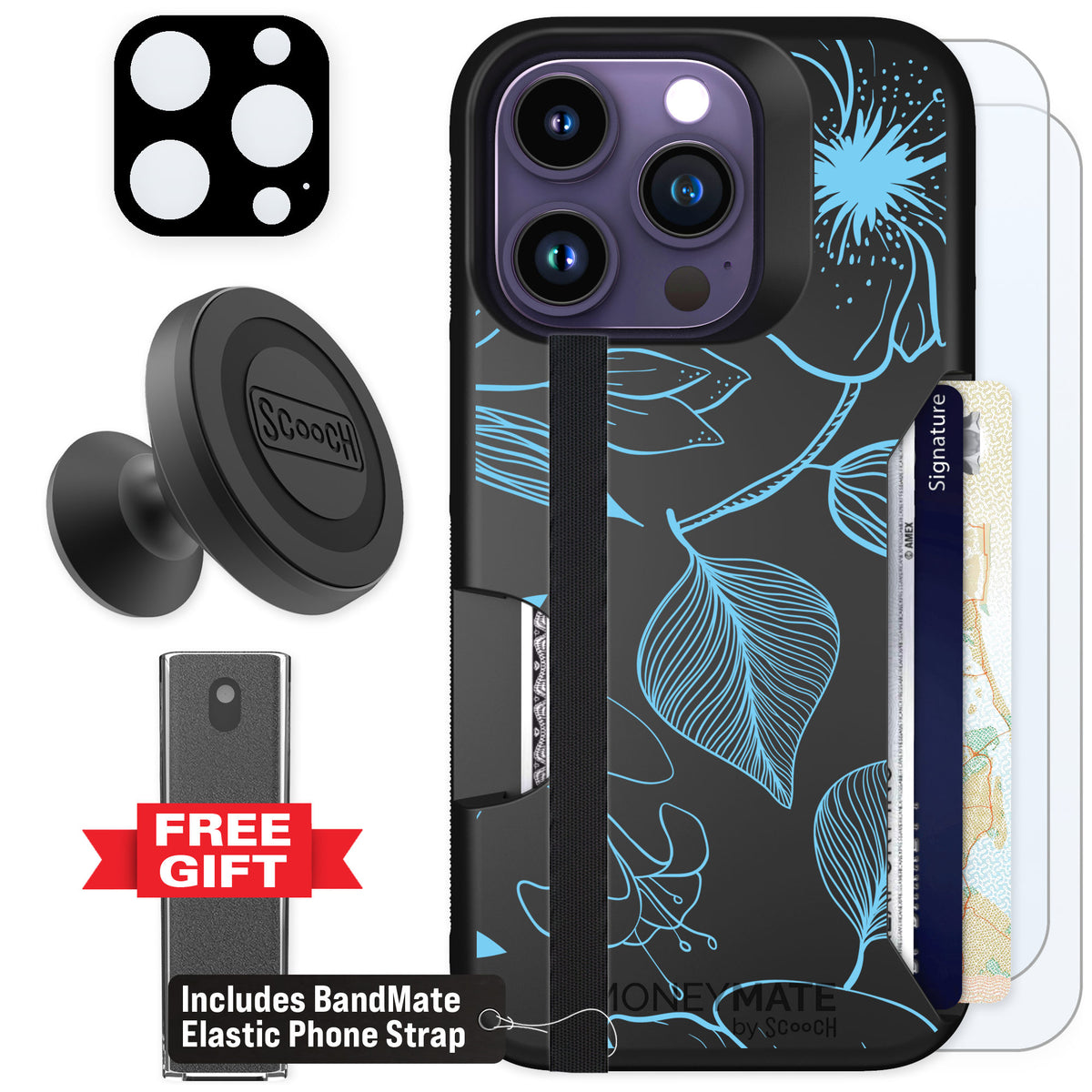 Scooch Moneymate Blue Hibiscus for iPhone 14 Pro — Defender Bundle
