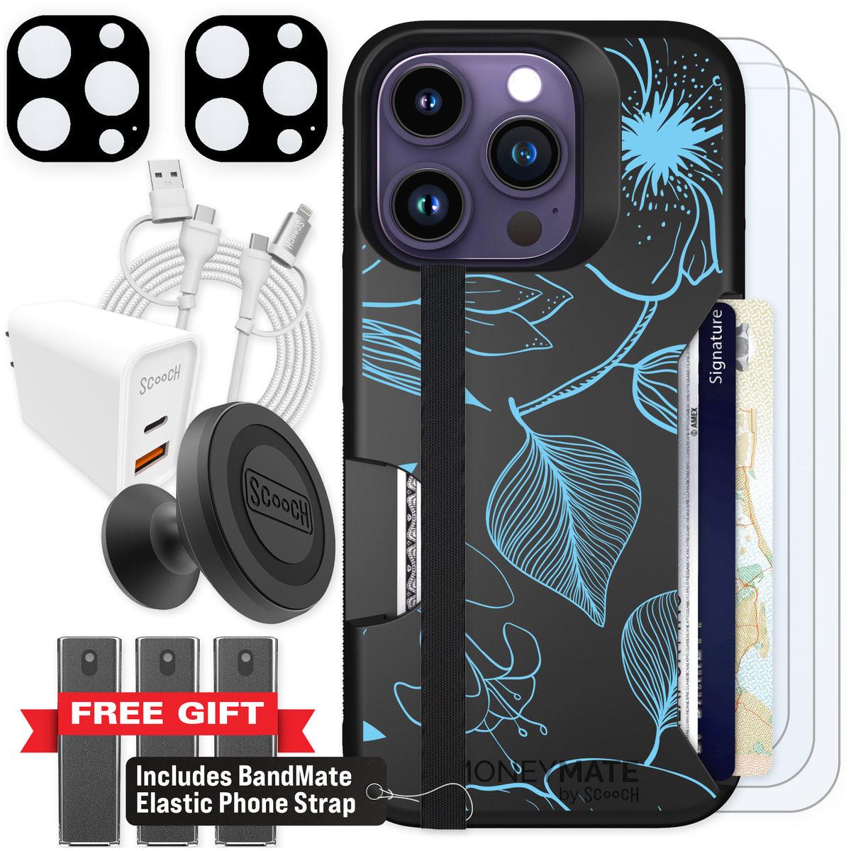 Scooch Moneymate Blue Hibiscus for iPhone 14 Pro — Ultimate Bundle