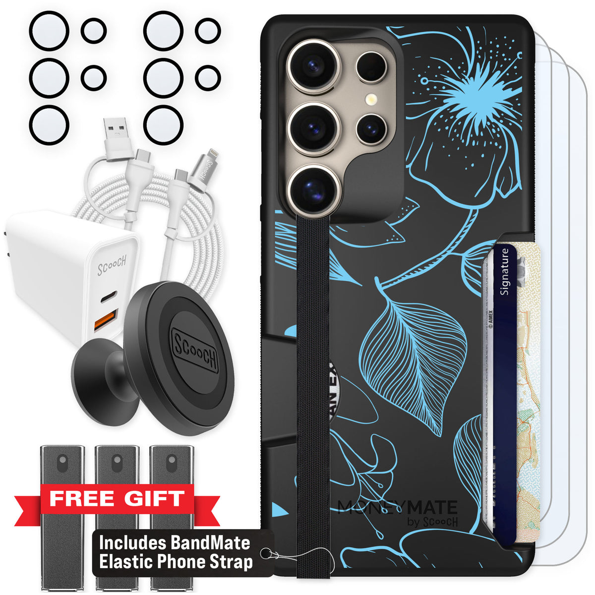 Scooch Moneymate Blue Hibiscus for Galaxy S25 Ultra — Ultimate Bundle
