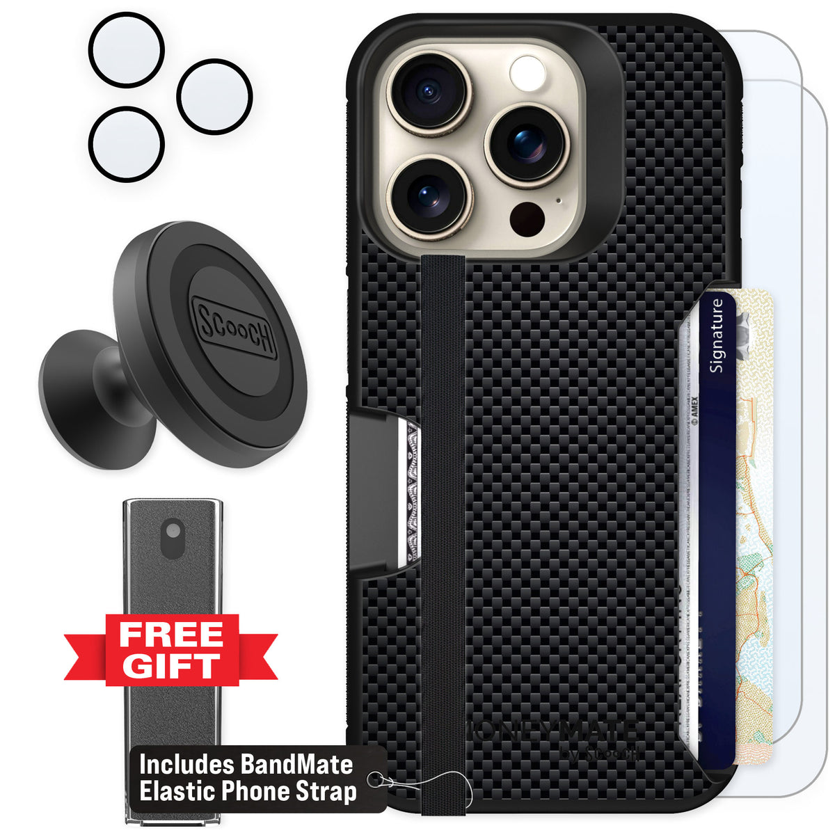 Scooch Moneymate Carbon Fiber for iPhone 15 Pro β Defender Bundle