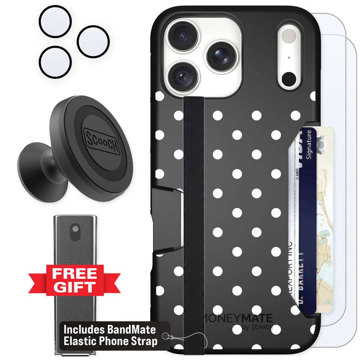 Scooch Moneymate Polka Dots for iPhone 18 Pro Max β Defender Bundle