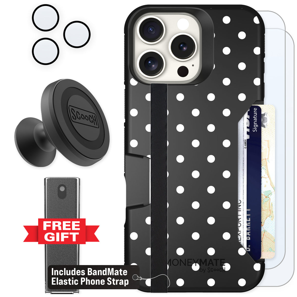 Scooch Moneymate Polka Dots for iPhone 16 Pro Max β Defender Bundle