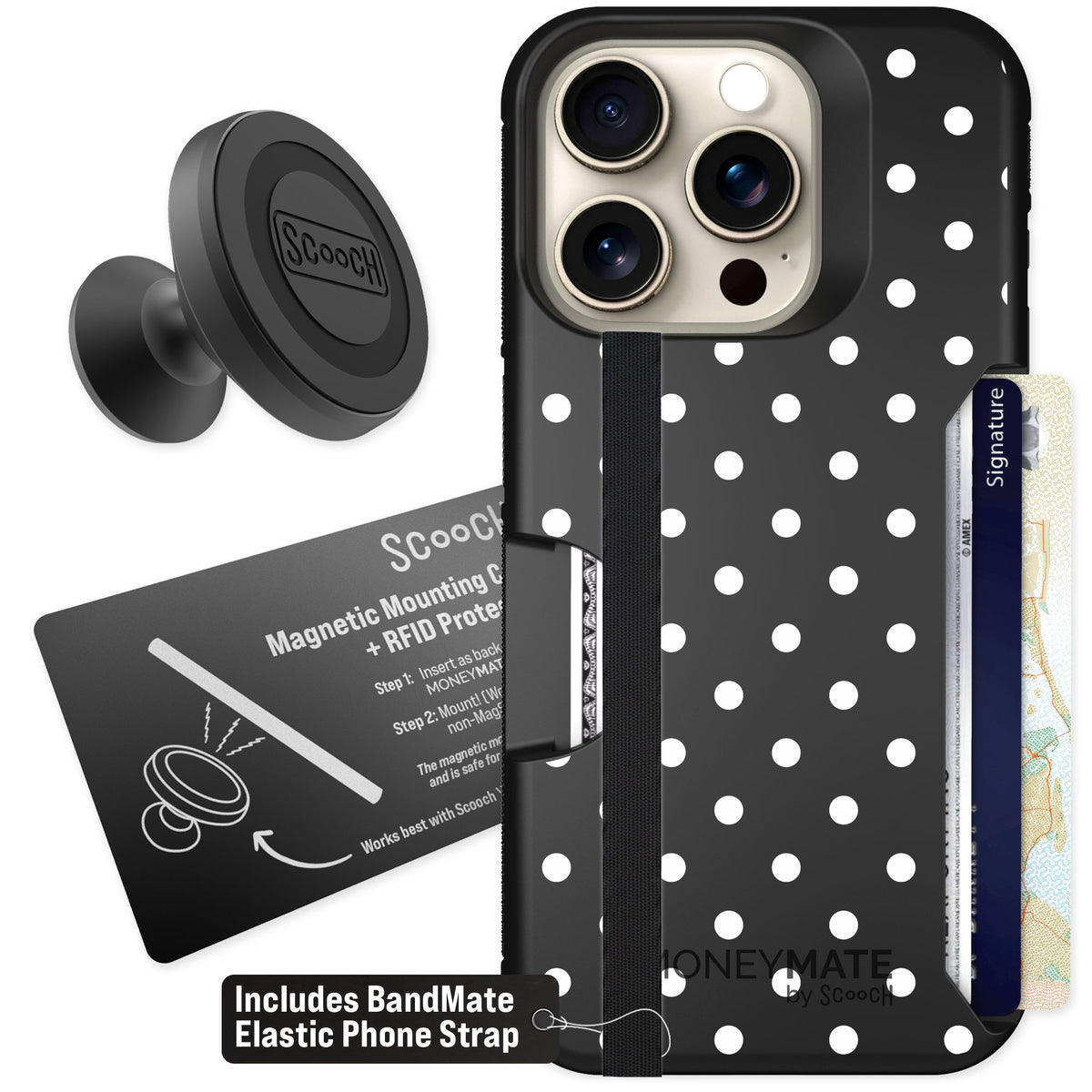 Scooch Moneymate Polka Dots for iPhone 15 Pro β Starter Bundle
