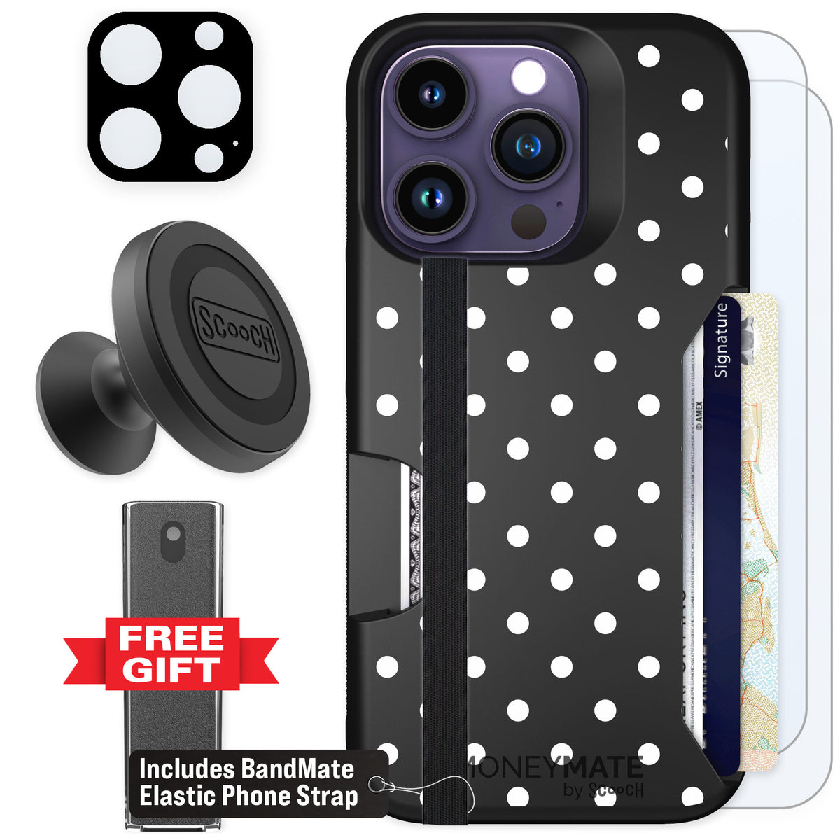 Scooch Moneymate Polka Dots for iPhone 14 Pro β Defender Bundle