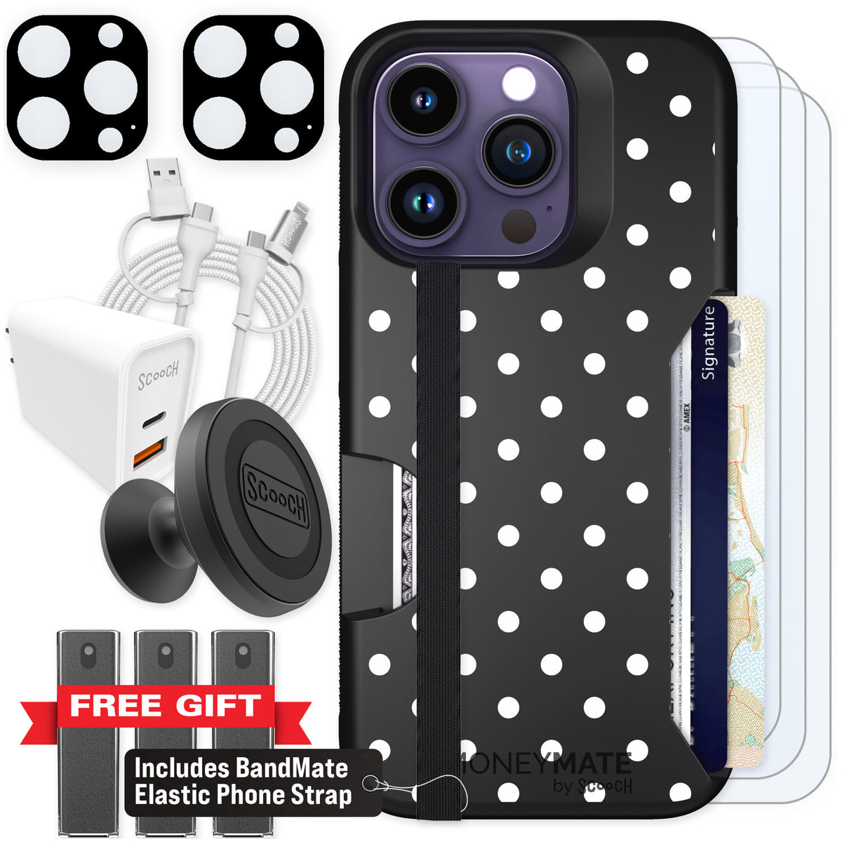 Scooch Moneymate Polka Dots for iPhone 14 Pro β Ultimate Bundle