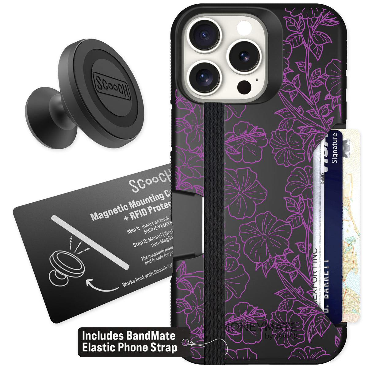 Scooch Moneymate Purple Petunias for iPhone 16 Pro Max — Starter Bundle