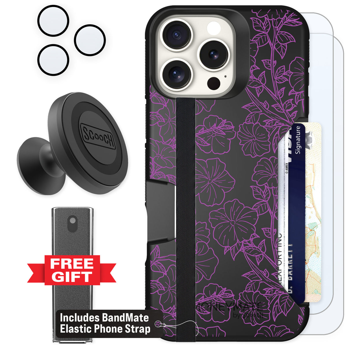 Scooch Moneymate Purple Petunias for iPhone 16 Pro Max — Defender Bundle