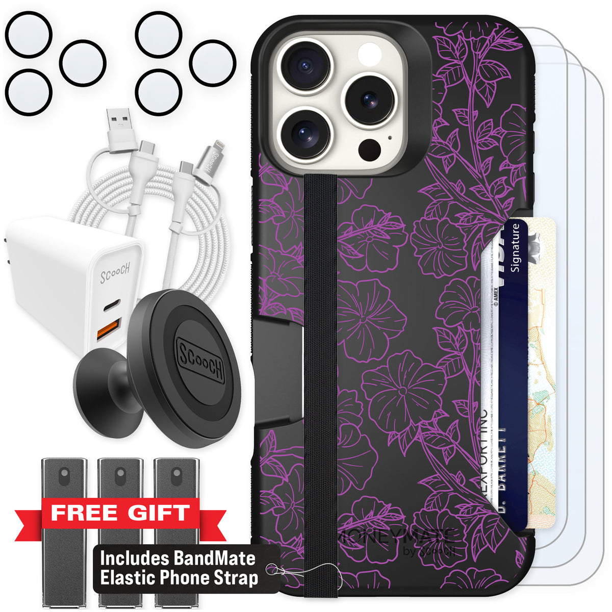 Scooch Moneymate Purple Petunias for iPhone 16 Pro Max — Ultimate Bundle