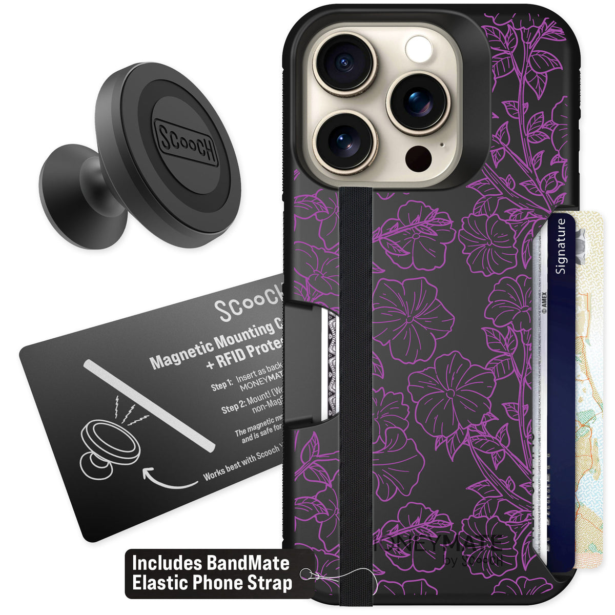 Scooch Moneymate Purple Petunias for iPhone 15 Pro — Starter Bundle