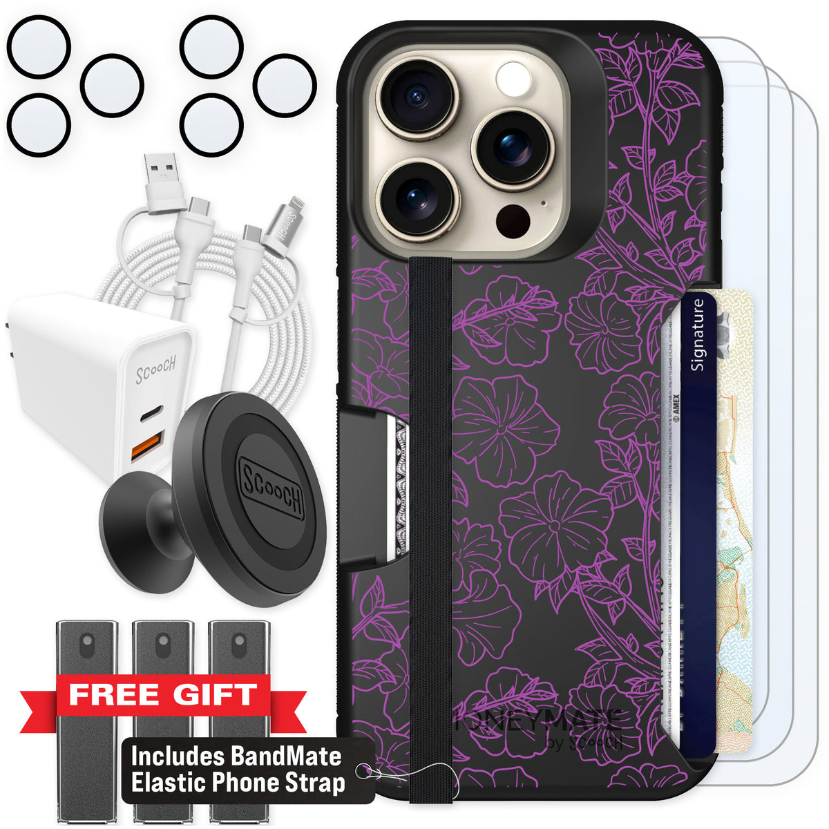 Scooch Moneymate Purple Petunias for iPhone 15 Pro — Ultimate Bundle