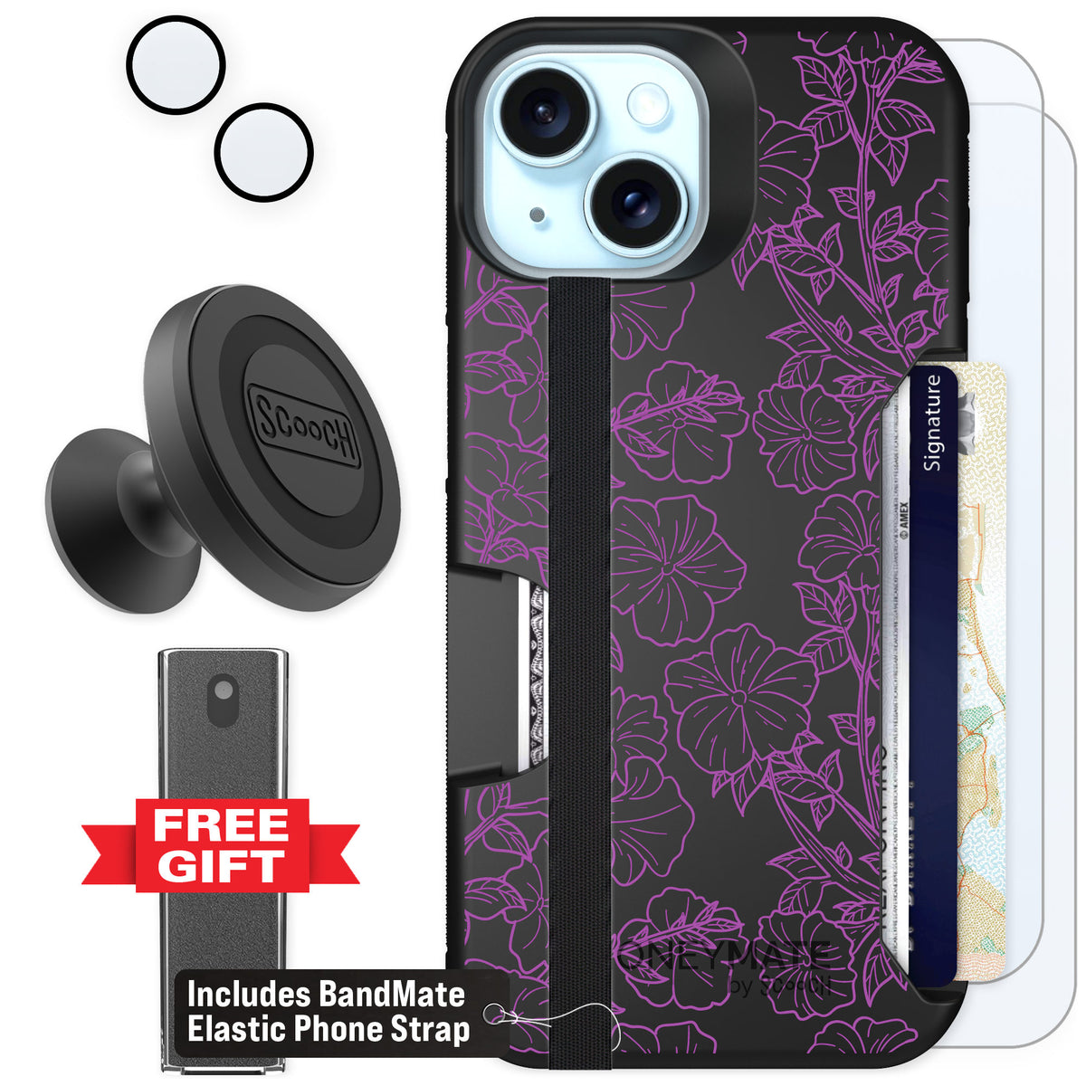 Scooch Moneymate Purple Petunias for iPhone 15 — Defender Bundle