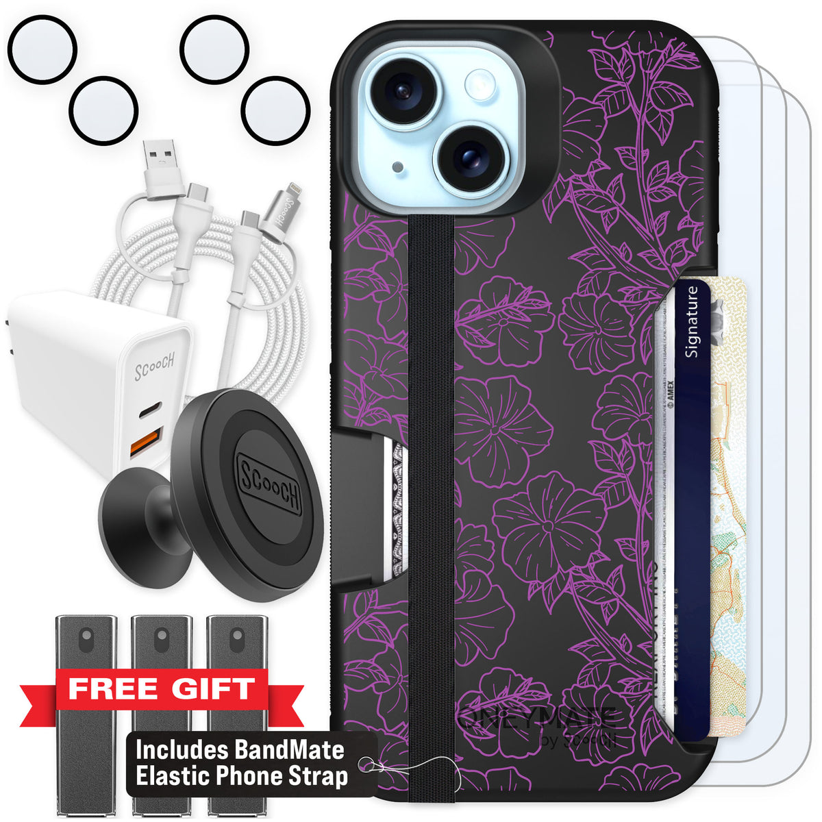Scooch Moneymate Purple Petunias for iPhone 15 — Ultimate Bundle