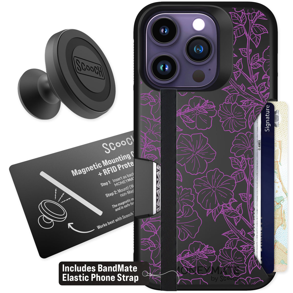 Scooch Moneymate Purple Petunias for iPhone 14 Pro — Starter Bundle