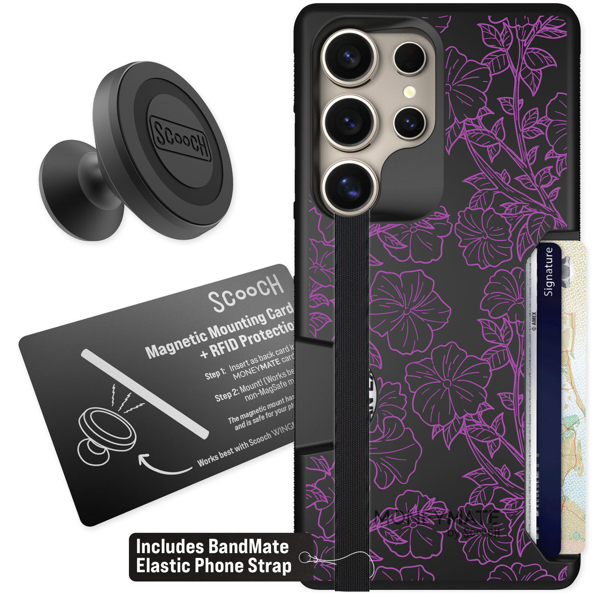 Scooch Moneymate Purple Petunias for Galaxy S25 Ultra — Starter Bundle