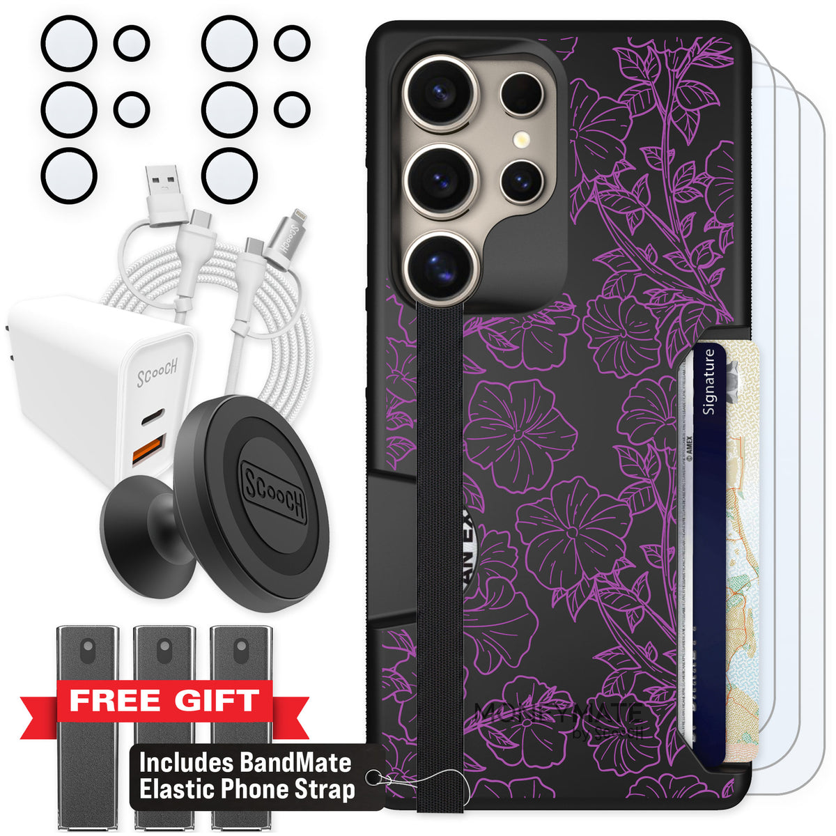 Scooch Moneymate Purple Petunias for Galaxy S25 Ultra — Ultimate Bundle