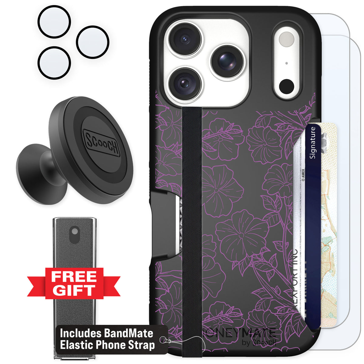 Scooch Moneymate Purple Petunias for iPhone 18 Pro — Defender Bundle