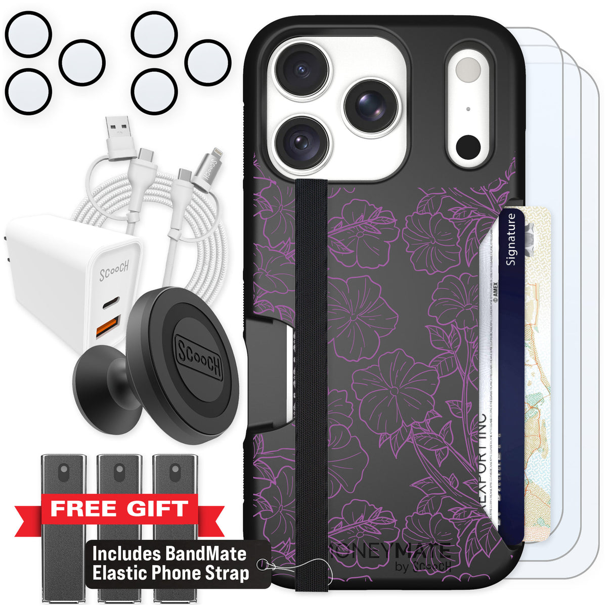 Scooch Moneymate Purple Petunias for iPhone 18 Pro — Ultimate Bundle