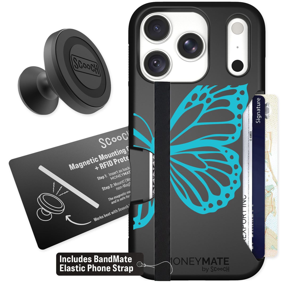 Scooch Moneymate Azure Butterfly for iPhone 18 Pro — Starter Bundle
