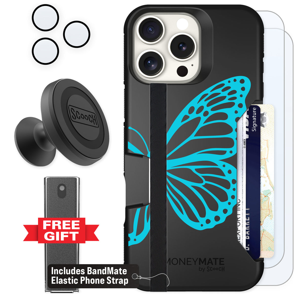 Scooch Moneymate Azure Butterfly for iPhone 16 Pro Max — Defender Bundle