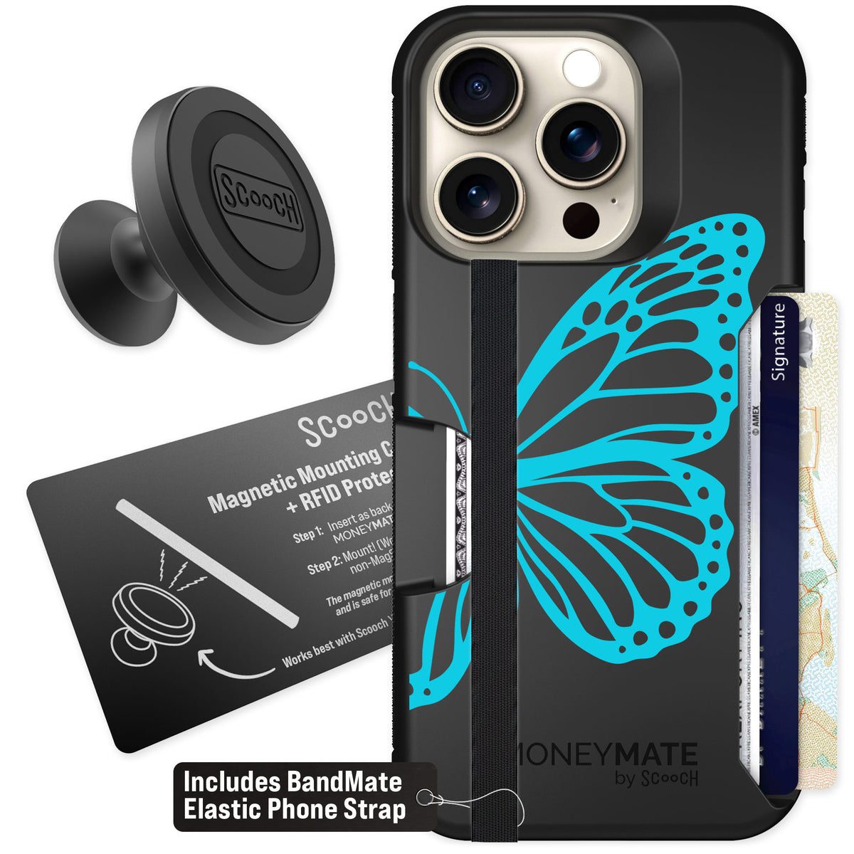 Scooch Moneymate Azure Butterfly for iPhone 15 Pro — Starter Bundle