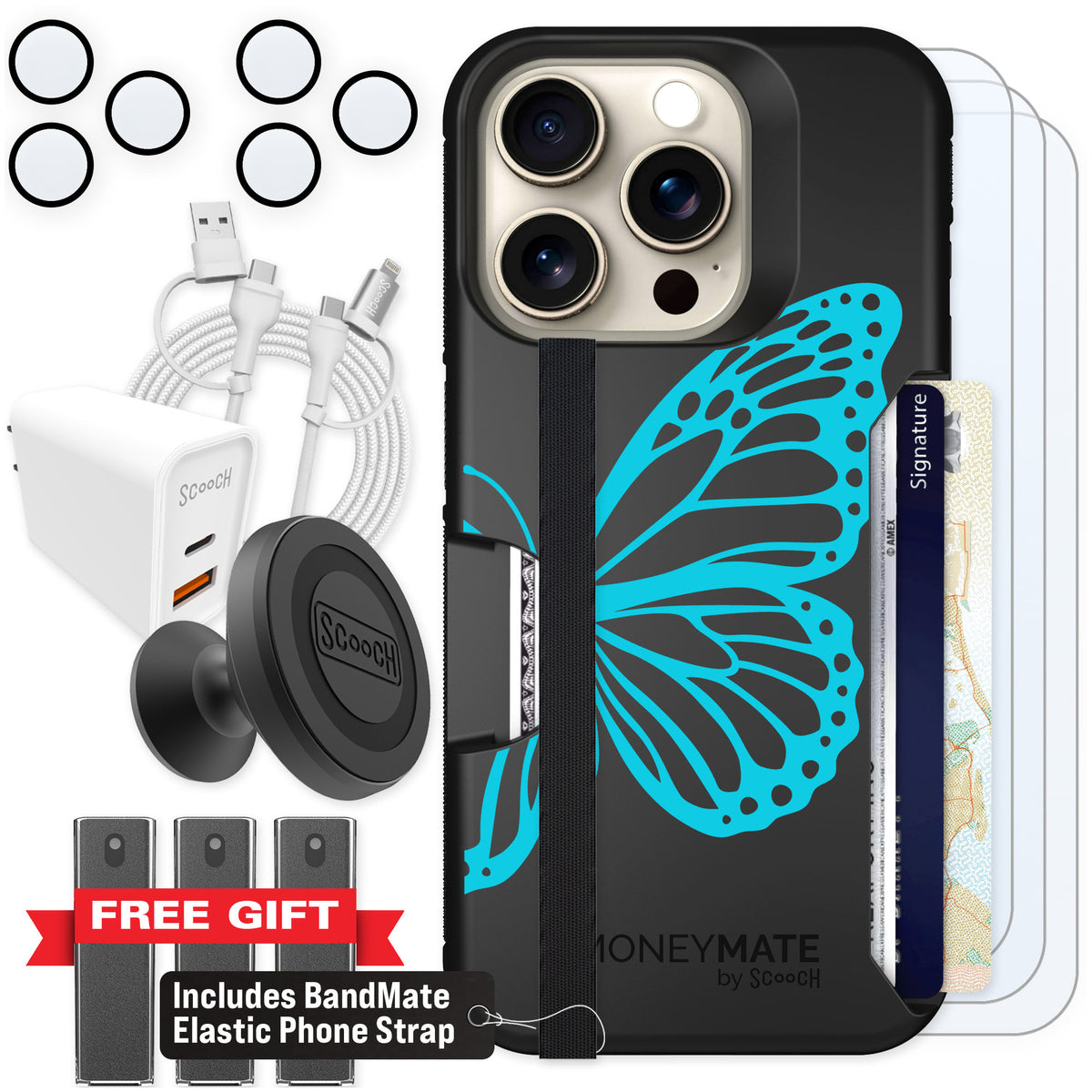 Scooch Moneymate Azure Butterfly for iPhone 15 Pro — Ultimate Bundle