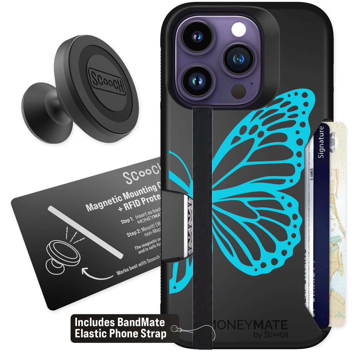 Scooch Moneymate Azure Butterfly for iPhone 14 Pro — Starter Bundle