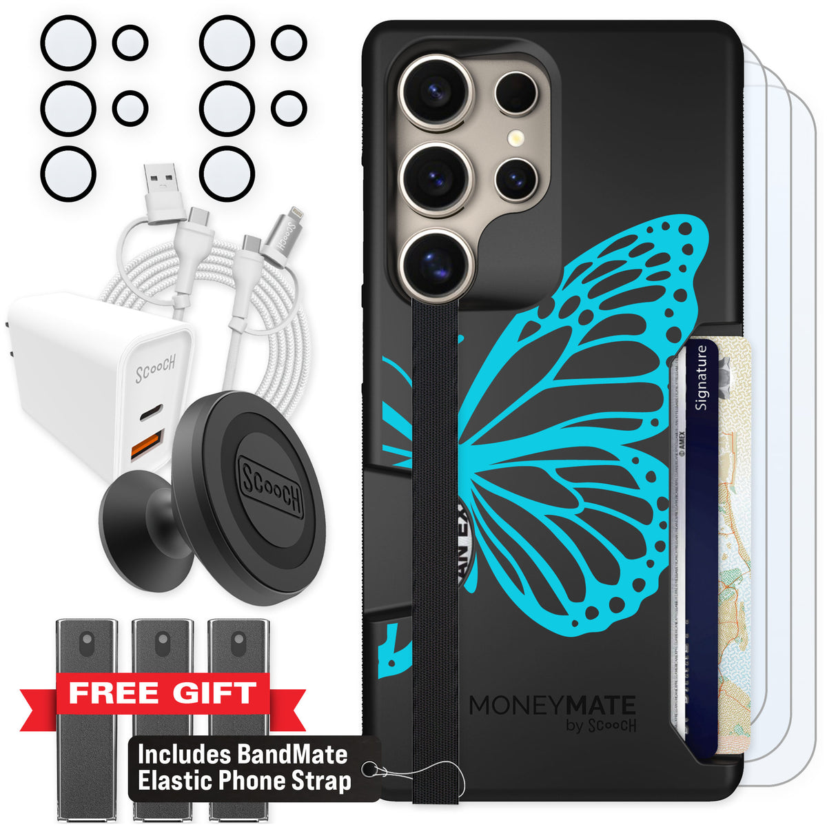 Scooch Moneymate Azure Butterfly for Galaxy S25 Ultra — Ultimate Bundle
