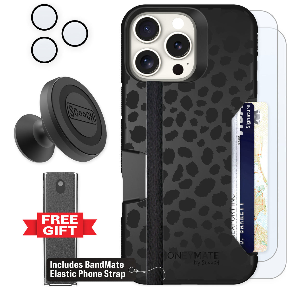 Scooch Moneymate Black Leopard for iPhone 16 Pro Max — Defender Bundle