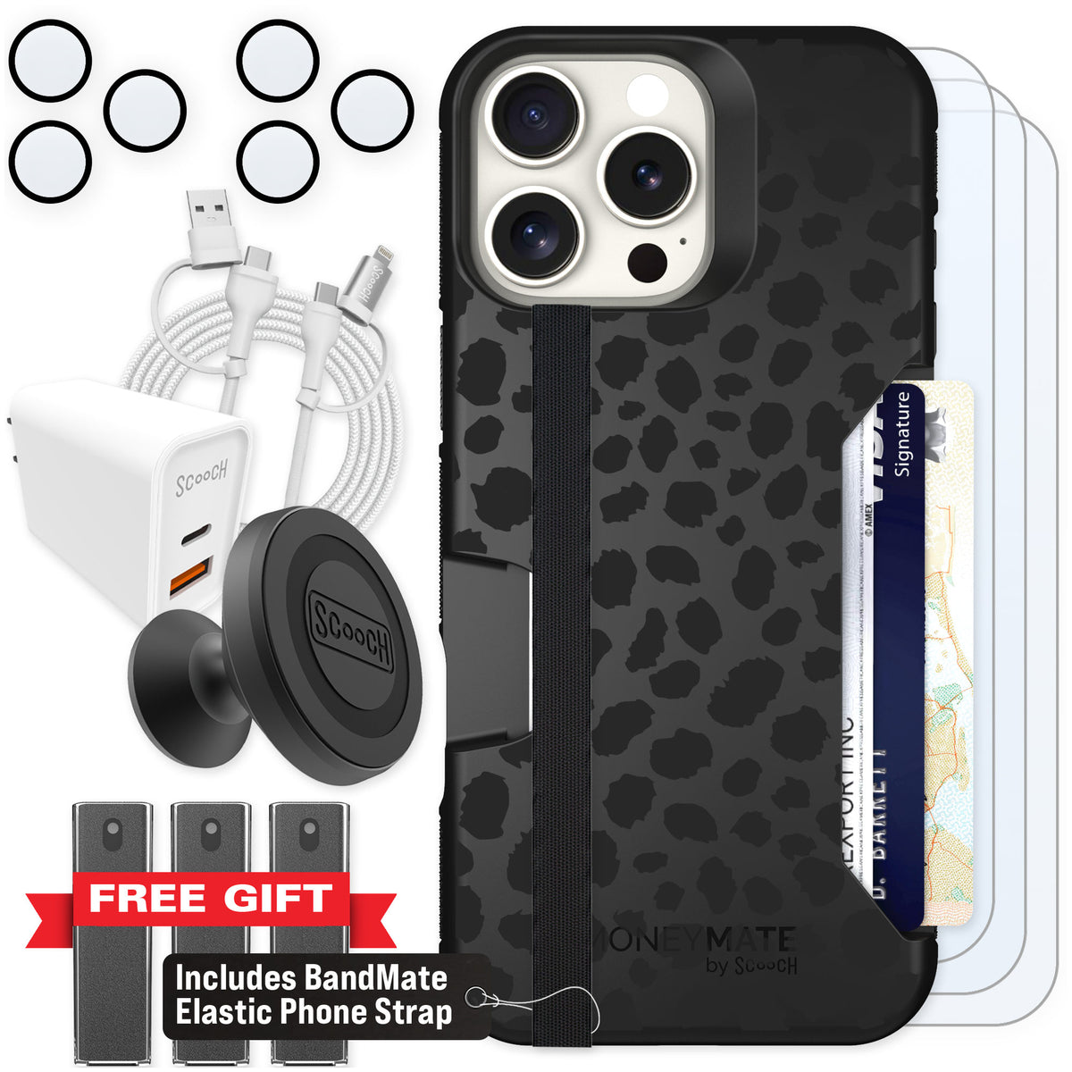 Scooch Moneymate Black Leopard for iPhone 16 Pro Max — Ultimate Bundle