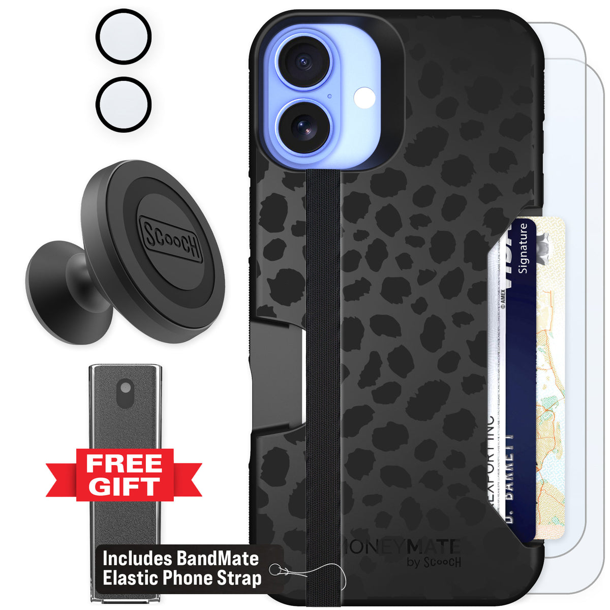 Scooch Moneymate Black Leopard for iPhone 16 Plus — Defender Bundle