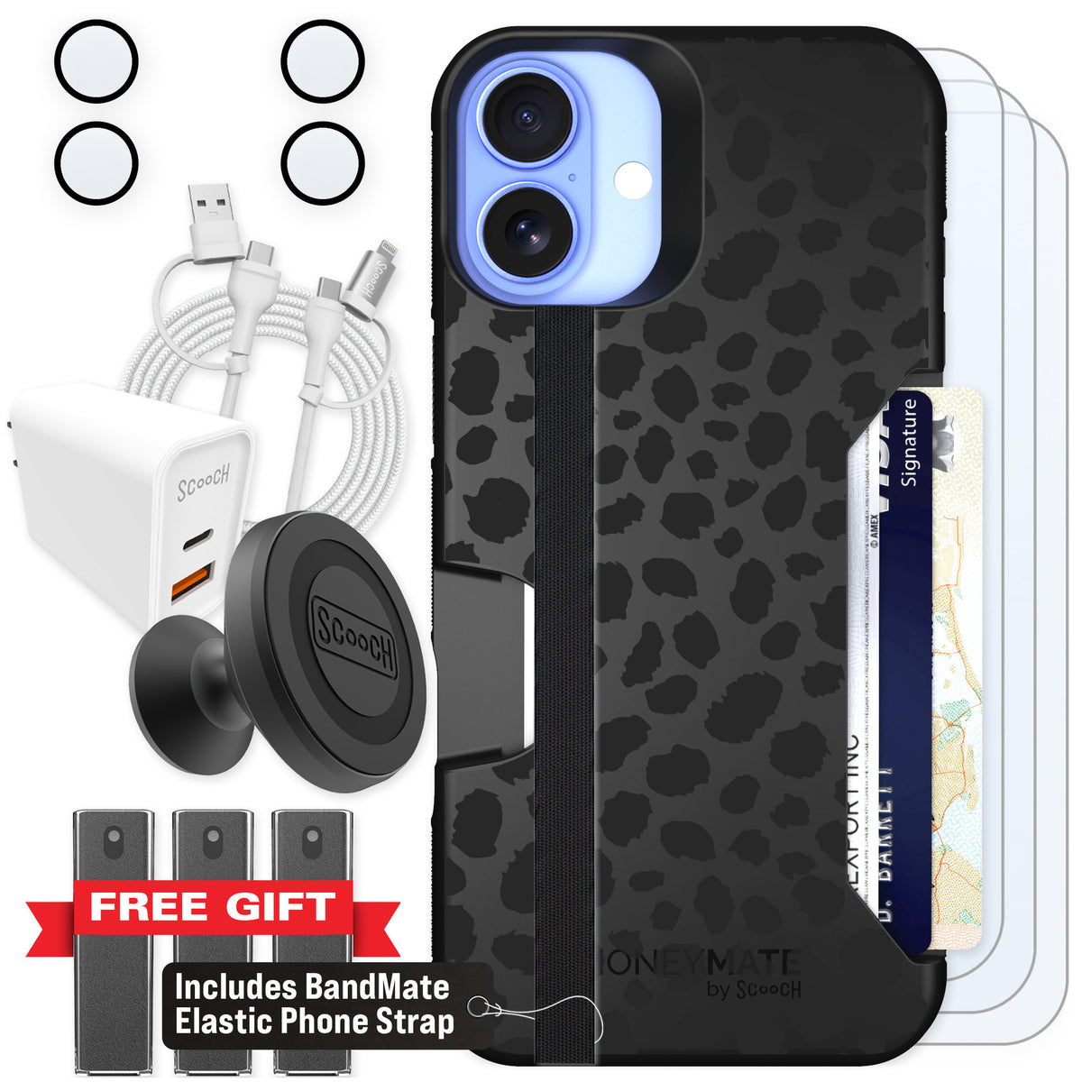 Scooch Moneymate Black Leopard for iPhone 16 Plus — Ultimate Bundle
