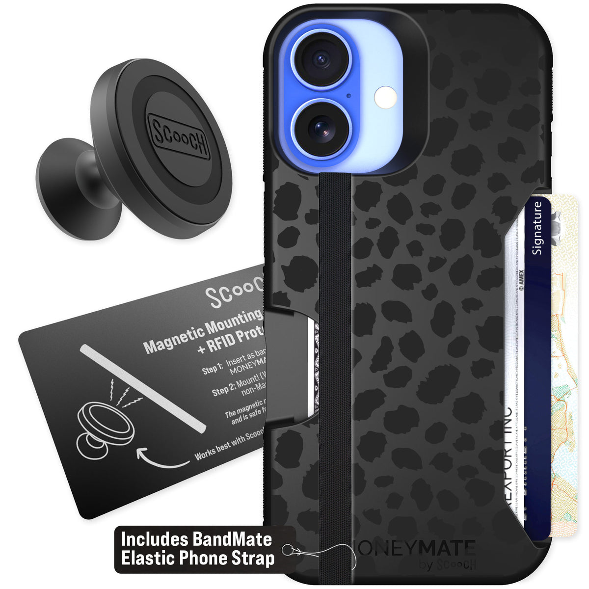 Scooch Moneymate Black Leopard for iPhone 16 — Starter Bundle