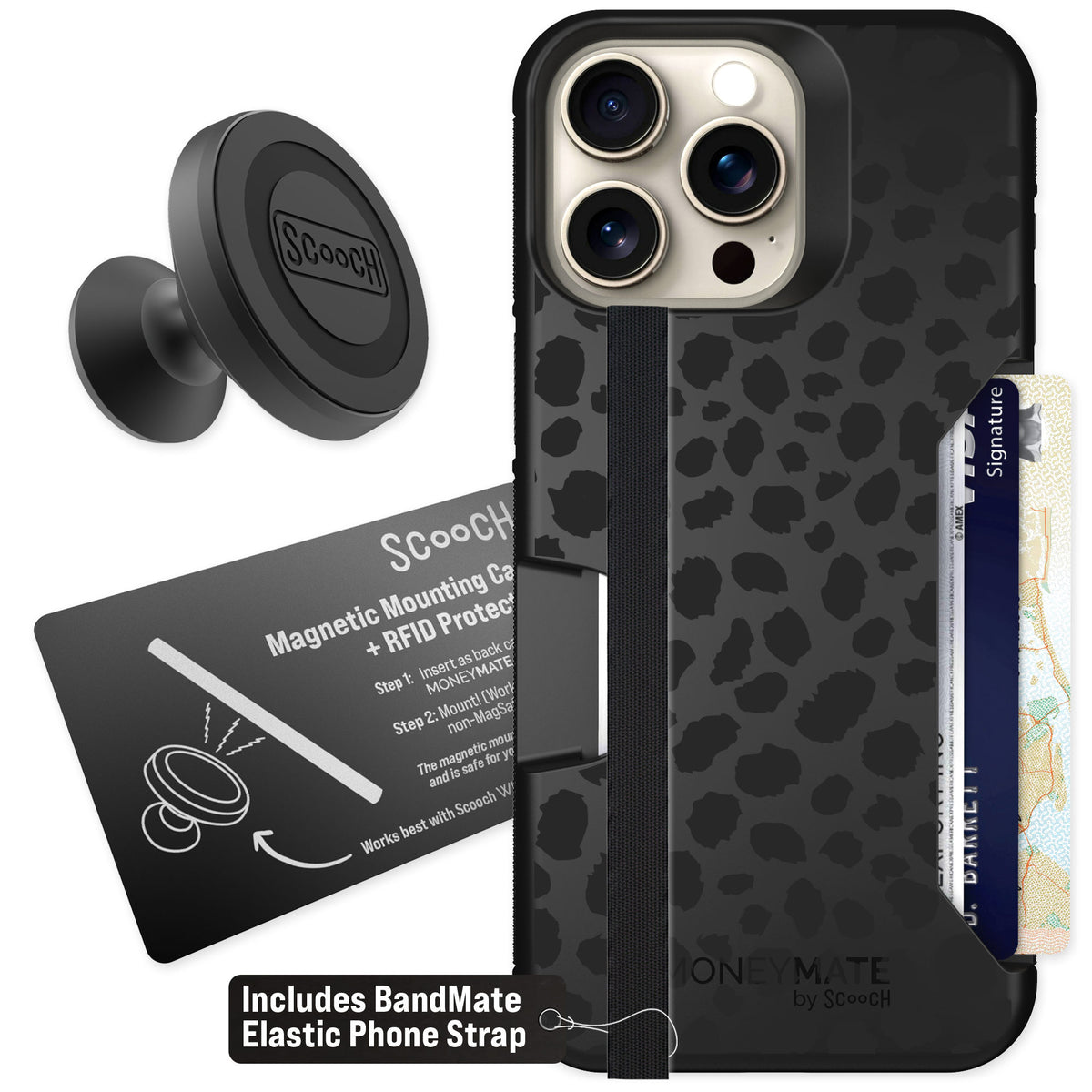 Scooch Moneymate Black Leopard for iPhone 15 Pro Max — Starter Bundle