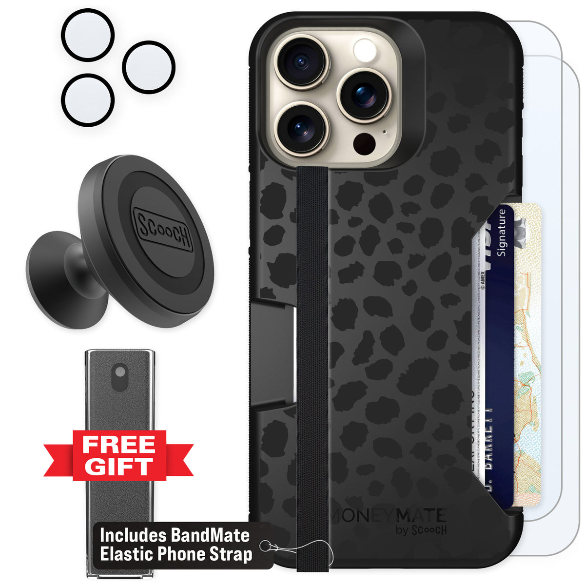 Scooch Moneymate Black Leopard for iPhone 15 Pro Max — Defender Bundle