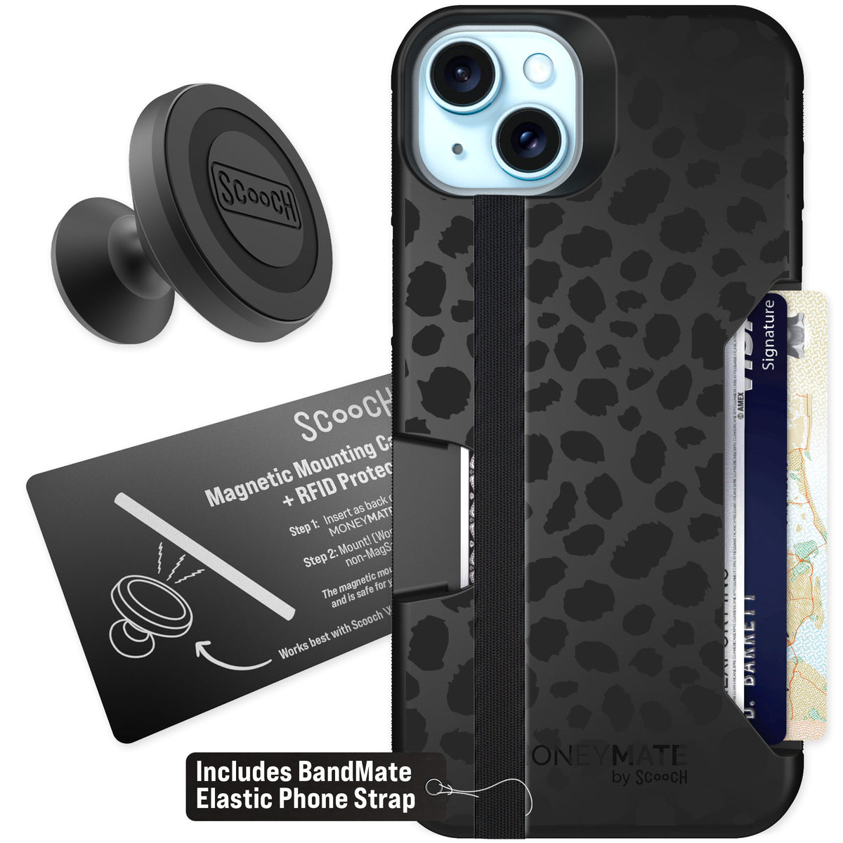 Scooch Moneymate Black Leopard for iPhone 14 Plus — Starter Bundle