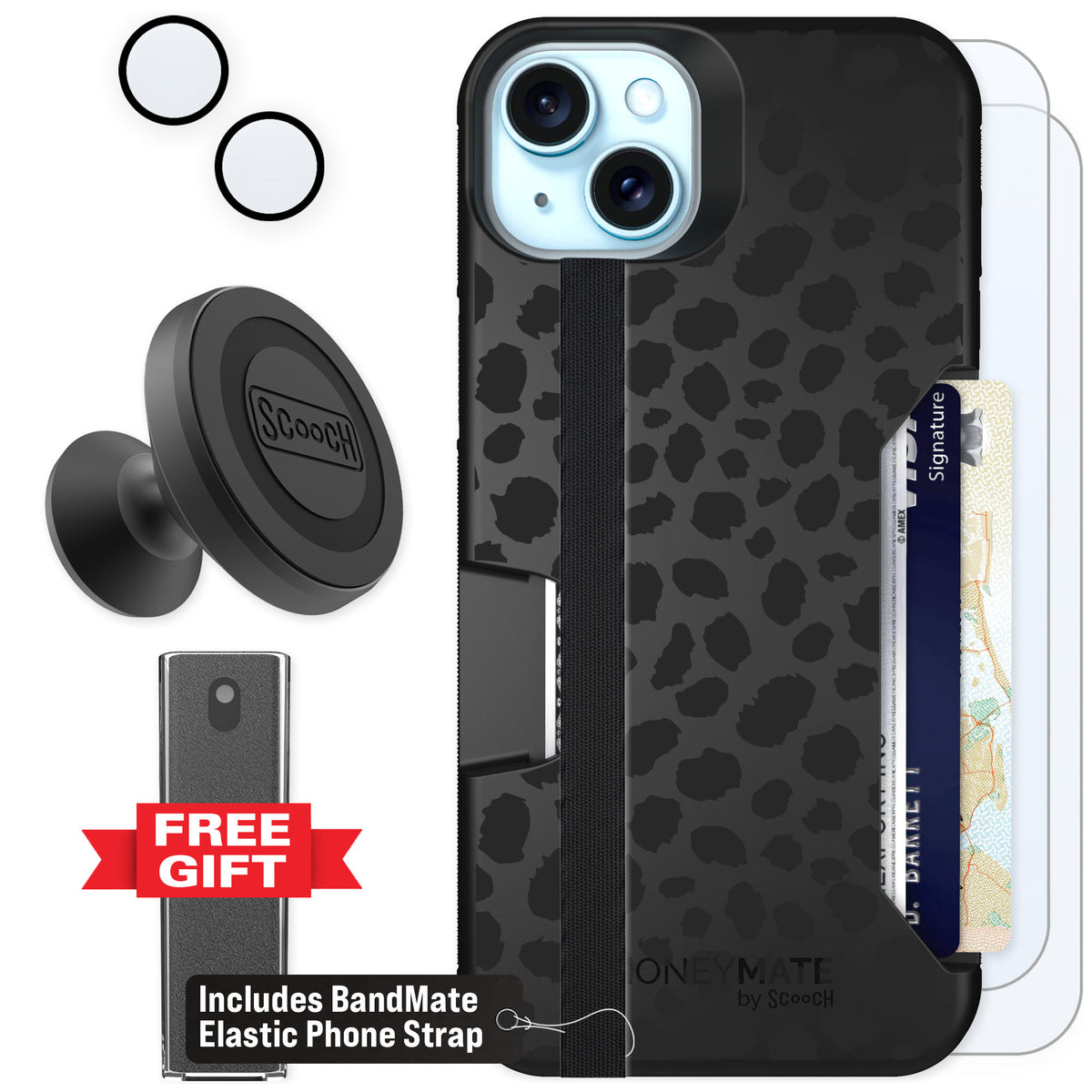 Scooch Moneymate Black Leopard for iPhone 14 Plus — Defender Bundle