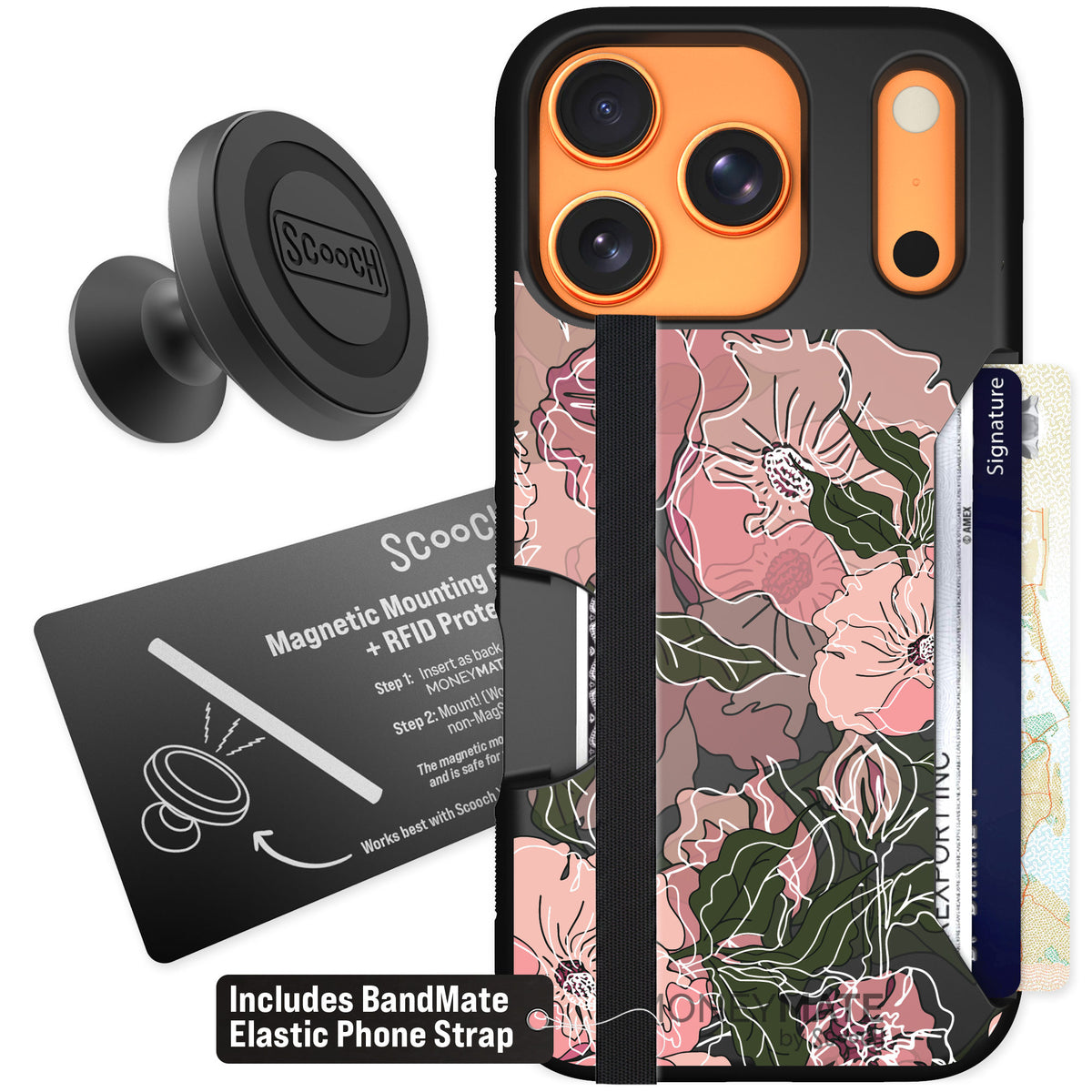 Scooch Moneymate Blush Botanical for iPhone 17 Pro — Starter Bundle